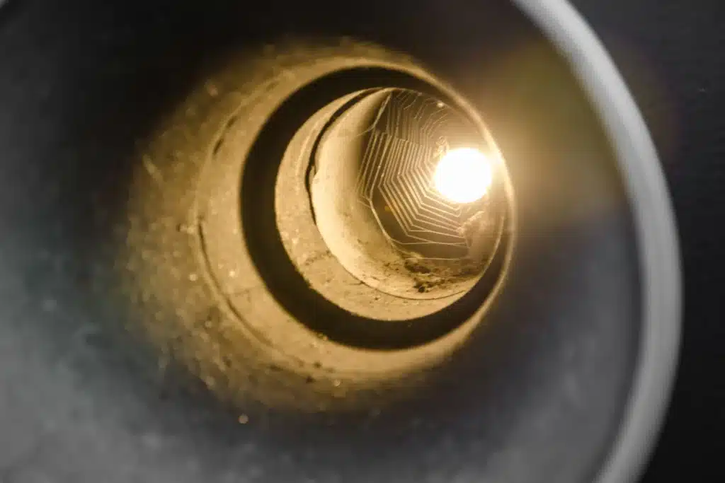 Taschenlampe zeigt Schmierspuren von Mäusen im Keller.
